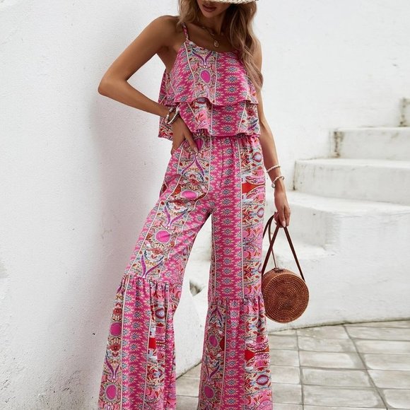 . Tops - Pink Boho Womens Floral Print Cami Top & Wide Leg Pants